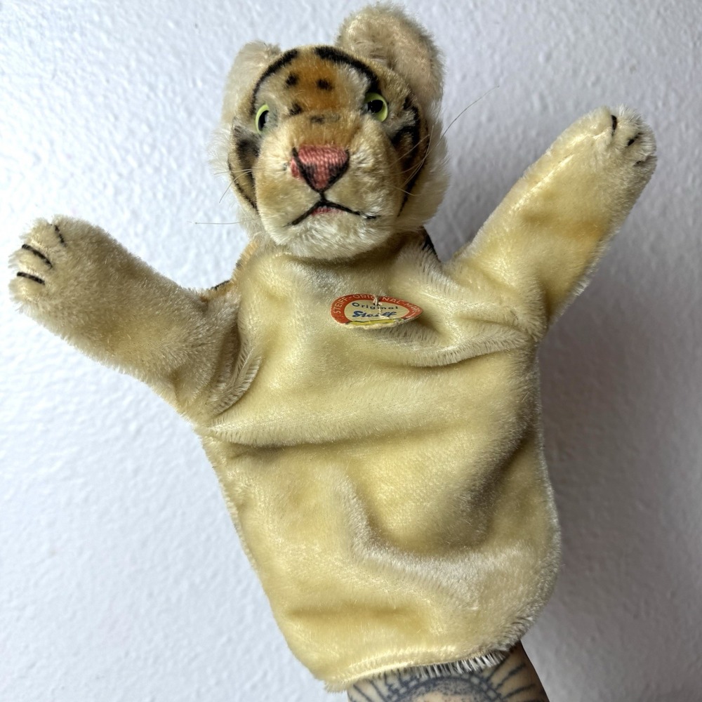 Vintage 1950s Steiff Tiger Hand Puppet Toy Made In Germany Plush Green Eyes